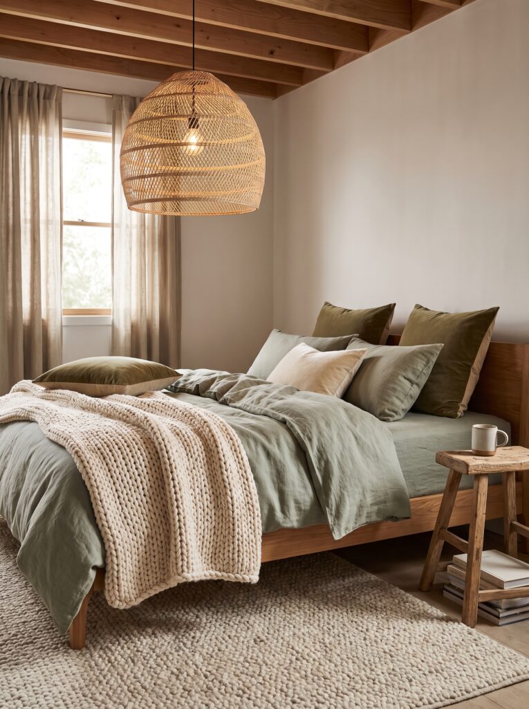 A cozy bedroom with a large woven rattan pendant light hanging over a bed styled with layered sage and olive green linen bedding, a chunky cream knit throw, and a rustic wood stool nightstand}

Bedding can carry a whole room, and this one proves it. Multiple shades of green — sage, olive, and moss — are layered together in pillows and a duvet, creating depth without needing a patterned rug or wall. A chunky cream knit throw breaks up all that green with texture.

The oversized woven pendant light overhead adds warmth and a handmade feel, while a simple wood stool doubles as a nightstand with a stack of books underneath. It's an easy way to build a rich, cozy palette using textiles alone.
<h2>7. Botanical Gallery Wall Above a Boucle Bed</h2>
[image: A warm modern bedroom with a curated gallery wall of botanical and abstract art prints in terracotta and olive frames, above a cream boucle upholstered bed with green velvet pillows and brass swing-arm reading lamps