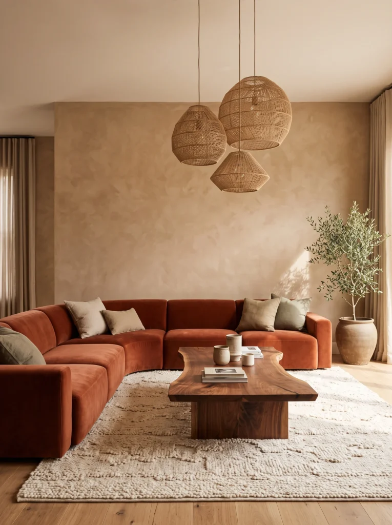 A rust-colored curved sectional sofa under three woven pendant lights with a live-edge wood coffee table