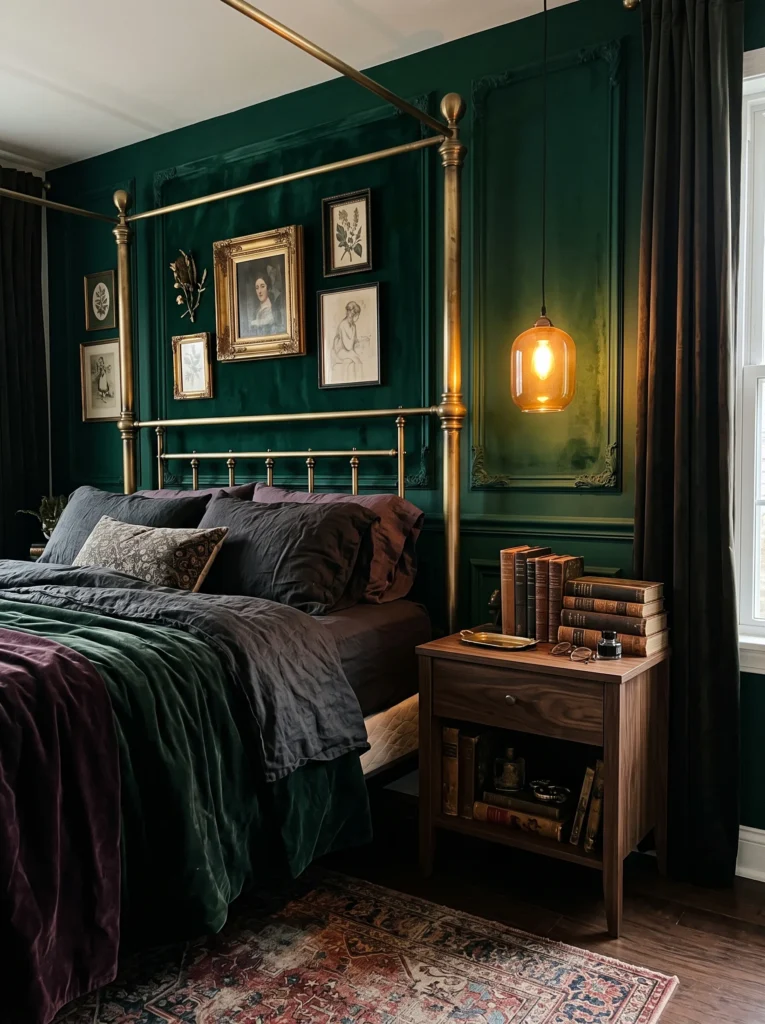 A dark academia bedroom with an emerald velvet accent wall, antique brass four-poster bed, and vintage books on a walnut nightstand