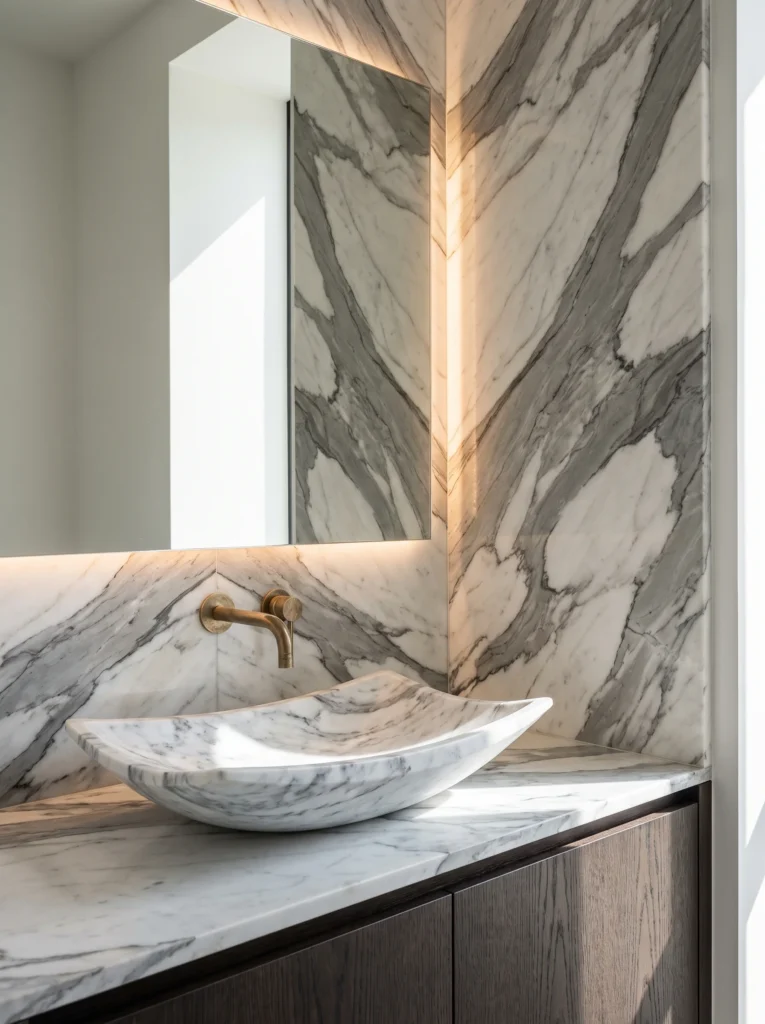 Bathroom vanity corner with a bookmatched gray-and-white marble slab backsplash rising to the ceiling behind a carved marble vessel sink