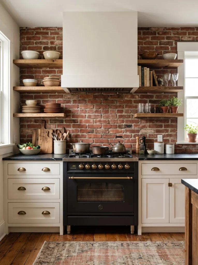 A kitchen with an exposed red brick backsplash, cream cabinetry, a black range with brass trim, and wood open shelving holding bowls and books