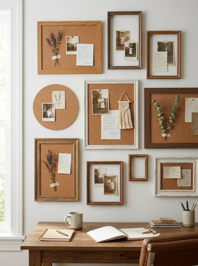 A gallery-style memory wall combining cork boards and thrifted picture frames, pinned with old photographs, handwritten notes, and dried lavender, above a wooden desk