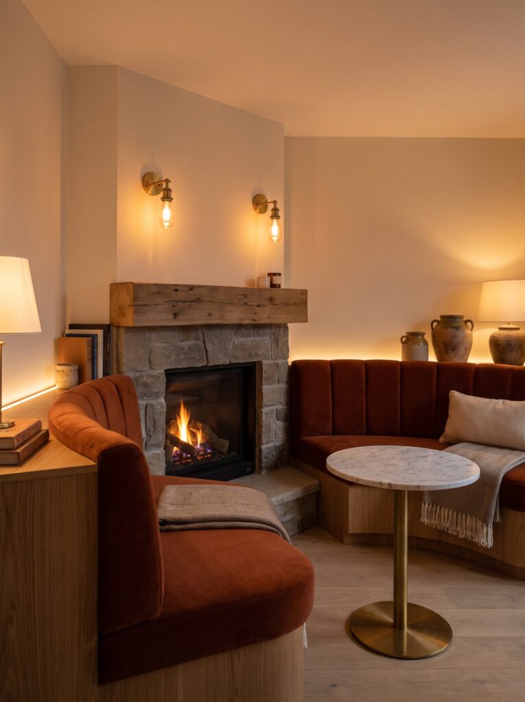 A curved rust velvet banquette wrapping around a stone fireplace, with brass wall sconces and a round marble side table