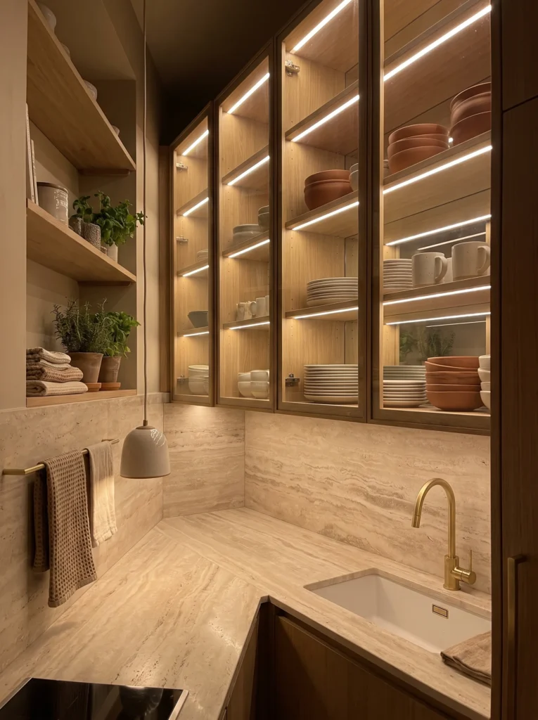 Glass-front kitchen cabinets lit with warm LED strip lighting display ceramic dishware above a travertine counter and backsplash