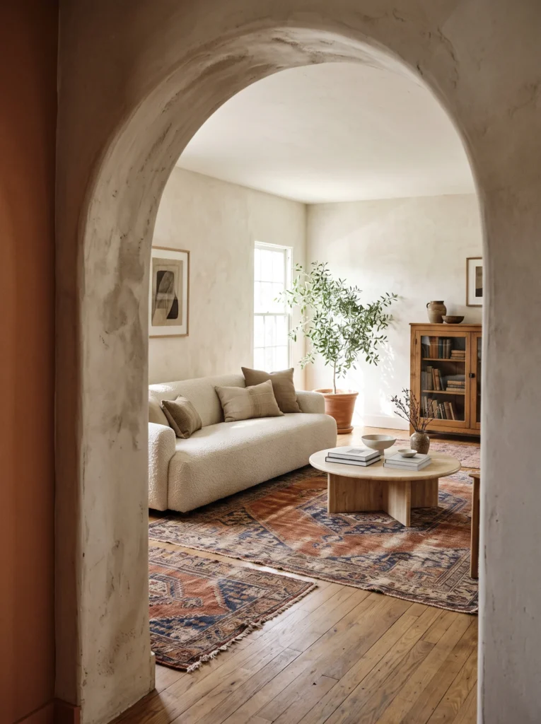 A curved plaster archway framing a living room with a cream boucle sofa and a vintage patterned rug