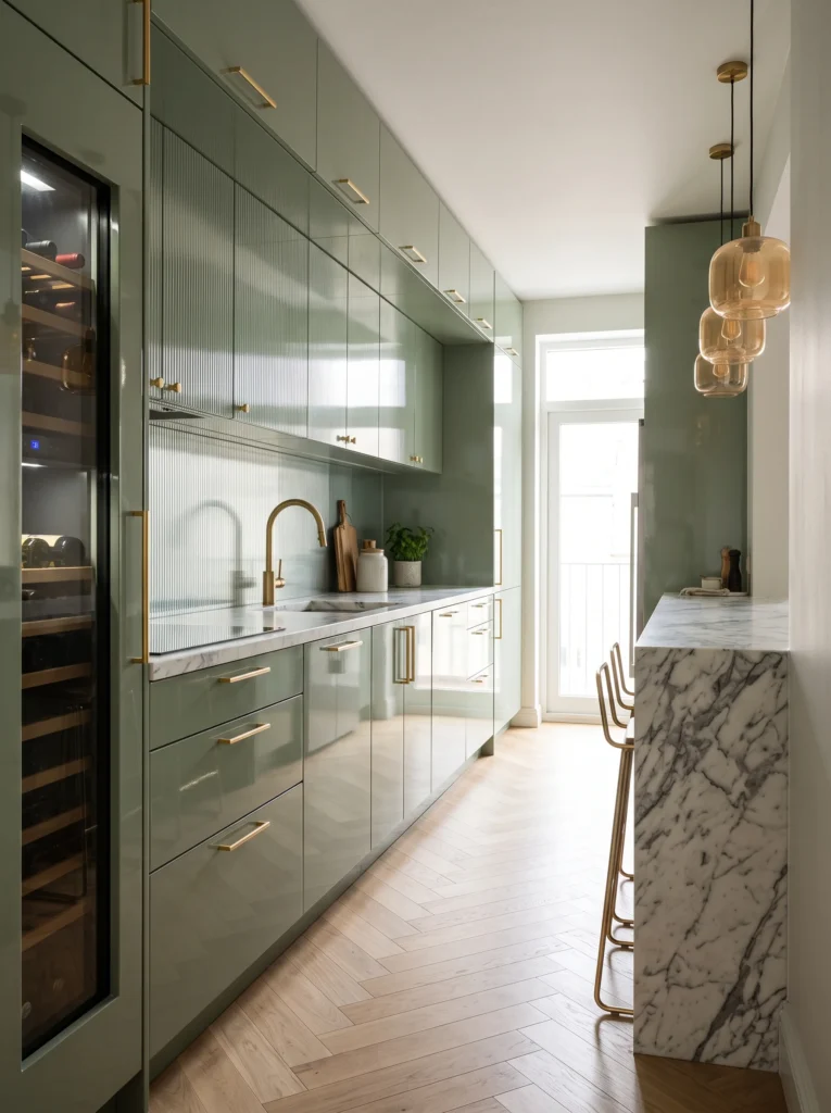 Narrow galley kitchen with glossy sage green cabinetry, fluted glass upper cabinet doors, brass hardware, marble bar countertop, and amber glass pendant lights