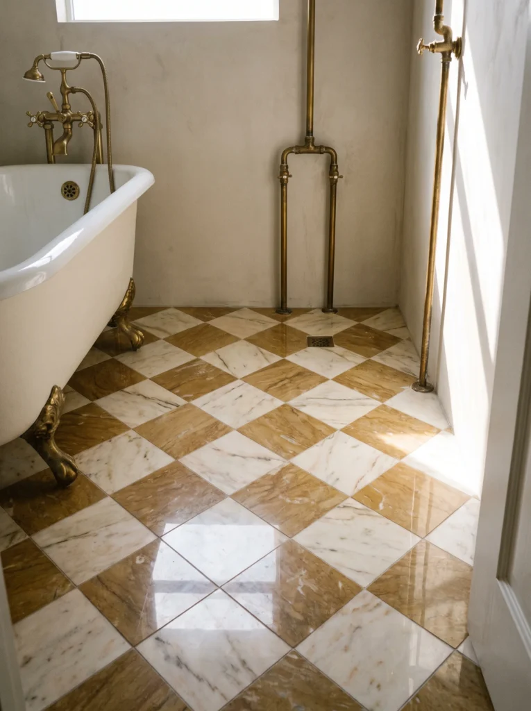 cream and caramel checkerboard marble floor tile in a small bathroom with a white clawfoot tub and exposed brass pipe fittings