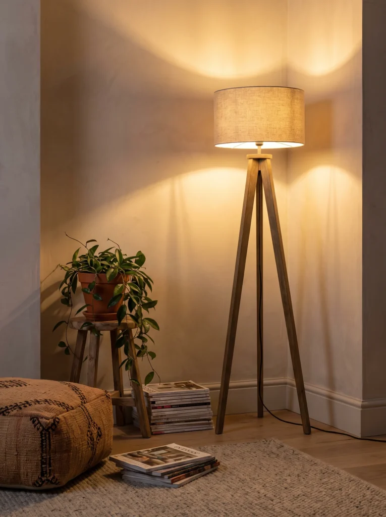 A wooden tripod floor lamp with a linen drum shade casting warm light in a living room corner, next to a small wooden stool holding a potted plant and a stack of magazines on the floor