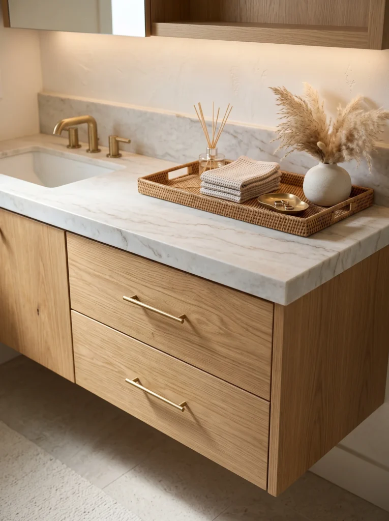 Floating white oak vanity with marble countertop, a woven rattan tray holding folded towels, a reed diffuser, and a small brass dish, next to a ceramic vase of dried pampas grass
