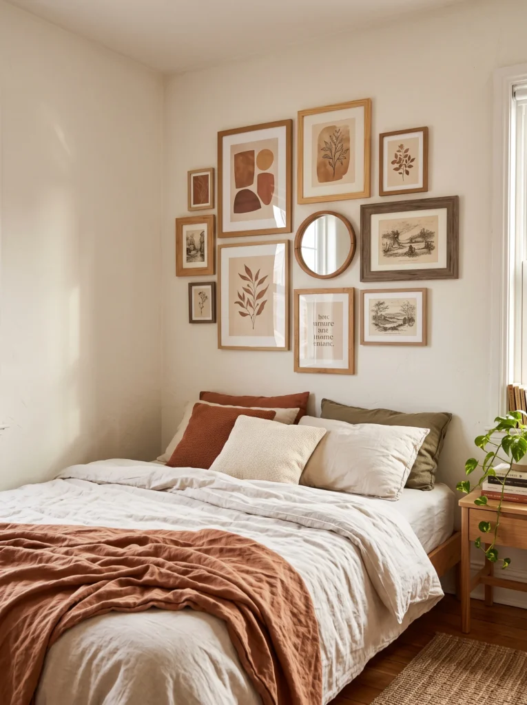 Boho bedroom with a large woven macrame wall hanging above the bed instead of a headboard, layered patterned pillows, a rattan side table, dried pampas grass in a ceramic vase, and a neutral linen bedspread