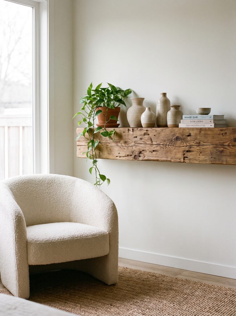 A reclaimed wood floating shelf holding a cluster of neutral ceramic vases, a trailing pothos plant, and stacked linen-bound books above a boucle chair