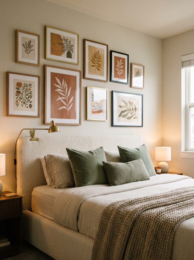 A warm modern bedroom with a curated gallery wall of botanical and abstract art prints in terracotta and olive frames, above a cream boucle upholstered bed with green velvet pillows and brass swing-arm reading lamps