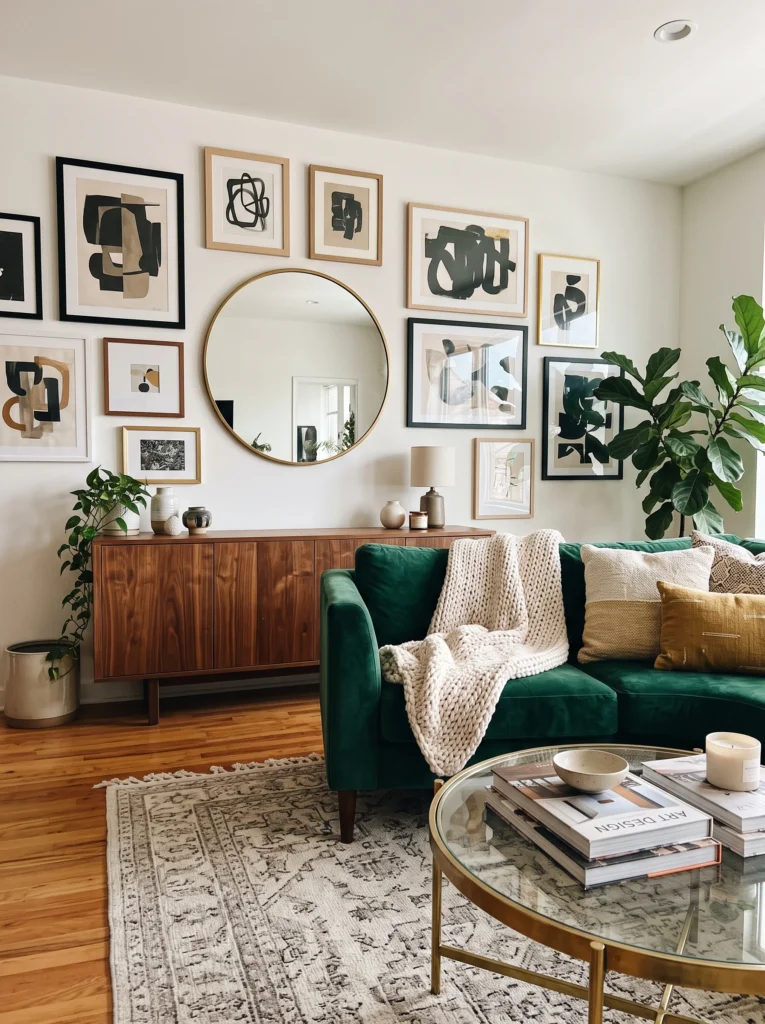 A green velvet sofa against a gallery wall of abstract art and a round mirror above a wood credenby