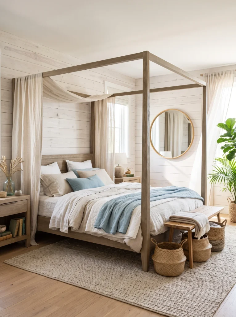 A coastal modern bedroom with shiplap walls, a linen canopy over a driftwood four-poster bed, and a round mirror