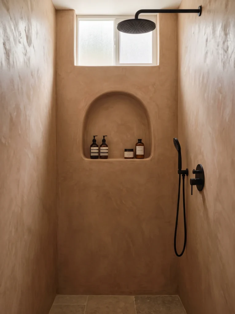 Shower alcove finished in warm clay-toned Venetian plaster with an arched niche holding bottles and a black rainfall shower head above