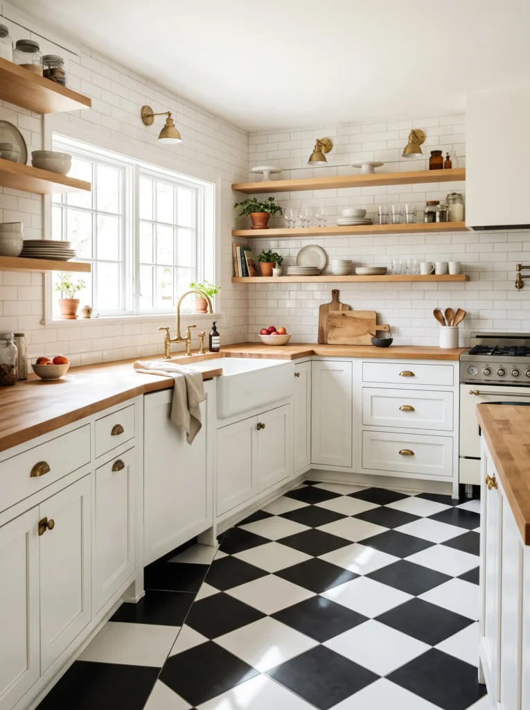 A kitchen with black and white checkerboard floor tile, white shaker cabinets, wood butcher block countertops, and brass wall sconces
