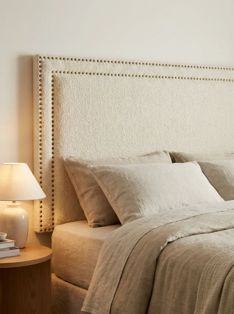 A tall upholstered headboard in cream boucle fabric with brass nailhead trim, behind a bed styled with linen bedding and a ceramic table lamp