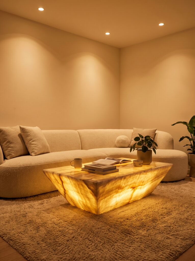 A cream boucle curved sofa lit by ceiling spotlights, facing a glowing onyx coffee table with a book and plant on top