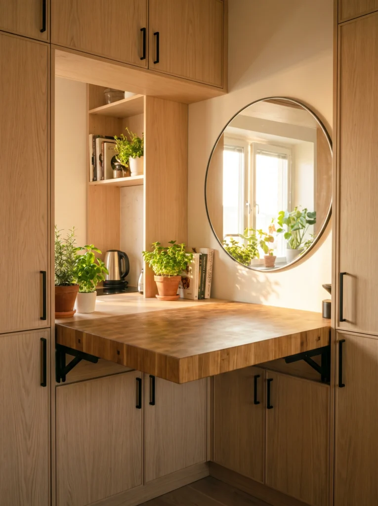A fold-down butcher block table extends from oak cabinetry, with a round mirror mounted above and potted herbs lining the counter