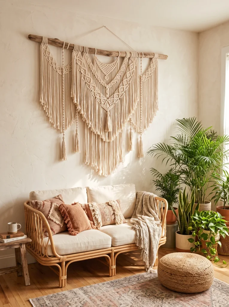A bohemian living room corner with a rattan loveseat, terracotta throw pillows, and a large macramé wall hanging