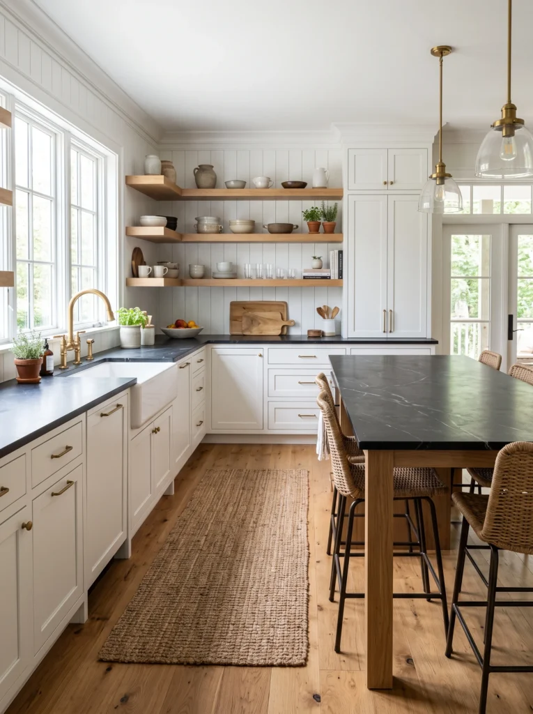 White farmhouse kitchen with shaker cabinetry, black soapstone countertops, apron-front sink, open wood shelving with pottery and glassware, jute runner rug, and a dining island with wicker barstools