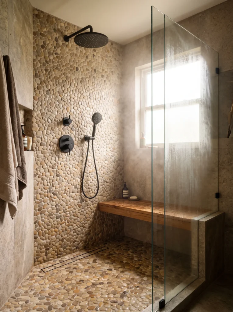 compact walk-in shower lined with warm pebble mosaic tile on the walls and floor, with a black rain shower head and glass divider