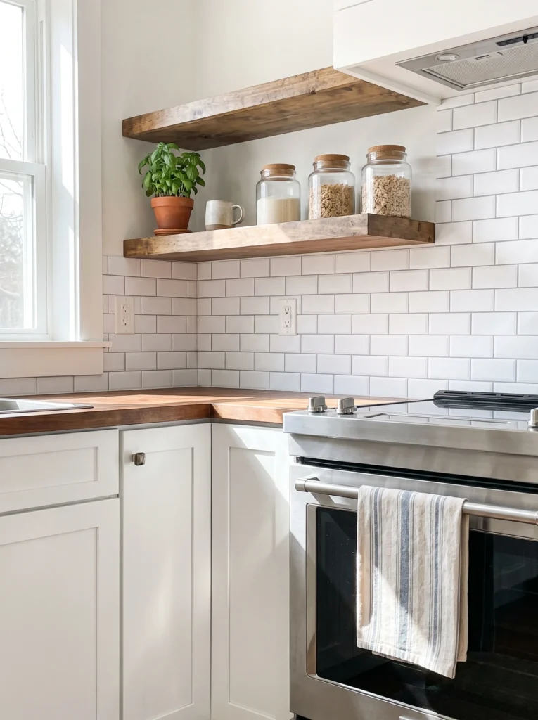 A rustic wood floating shelf mounted above a stove and white subway tile backsplash, holding a potted basil plant, a ceramic mug, and glass jars filled with pasta and grains