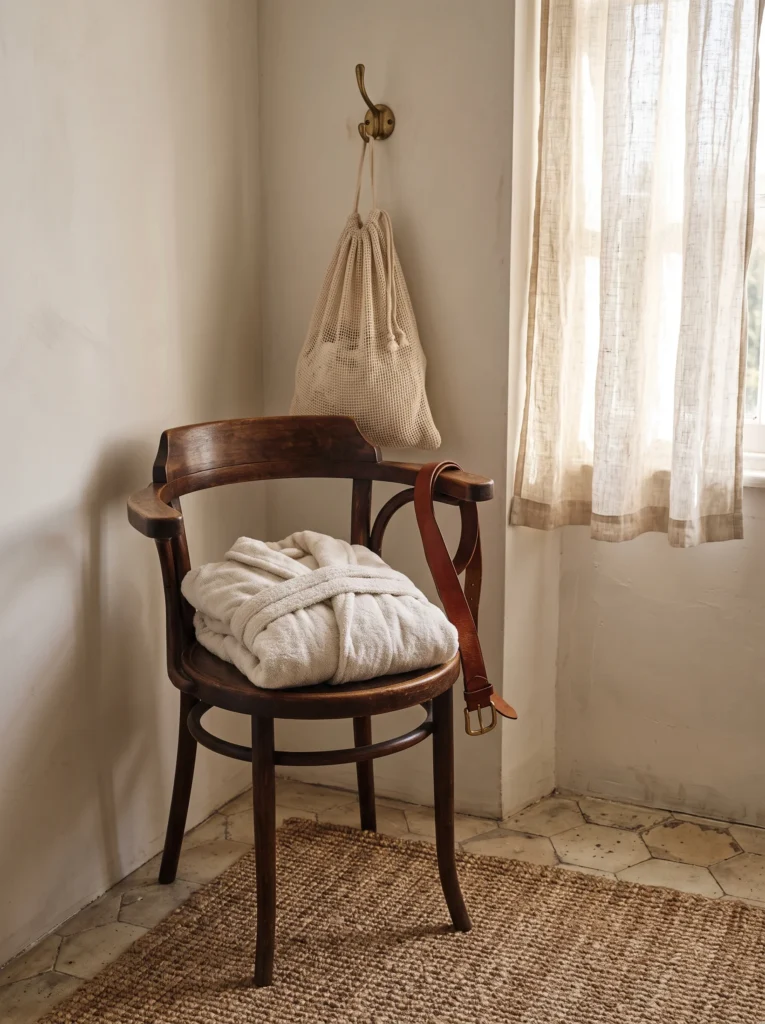 Wooden bentwood armchair in a bathroom corner holding a folded terry robe and a leather belt, with a mesh laundry bag hanging from a brass hook and a sheer linen curtain nearby