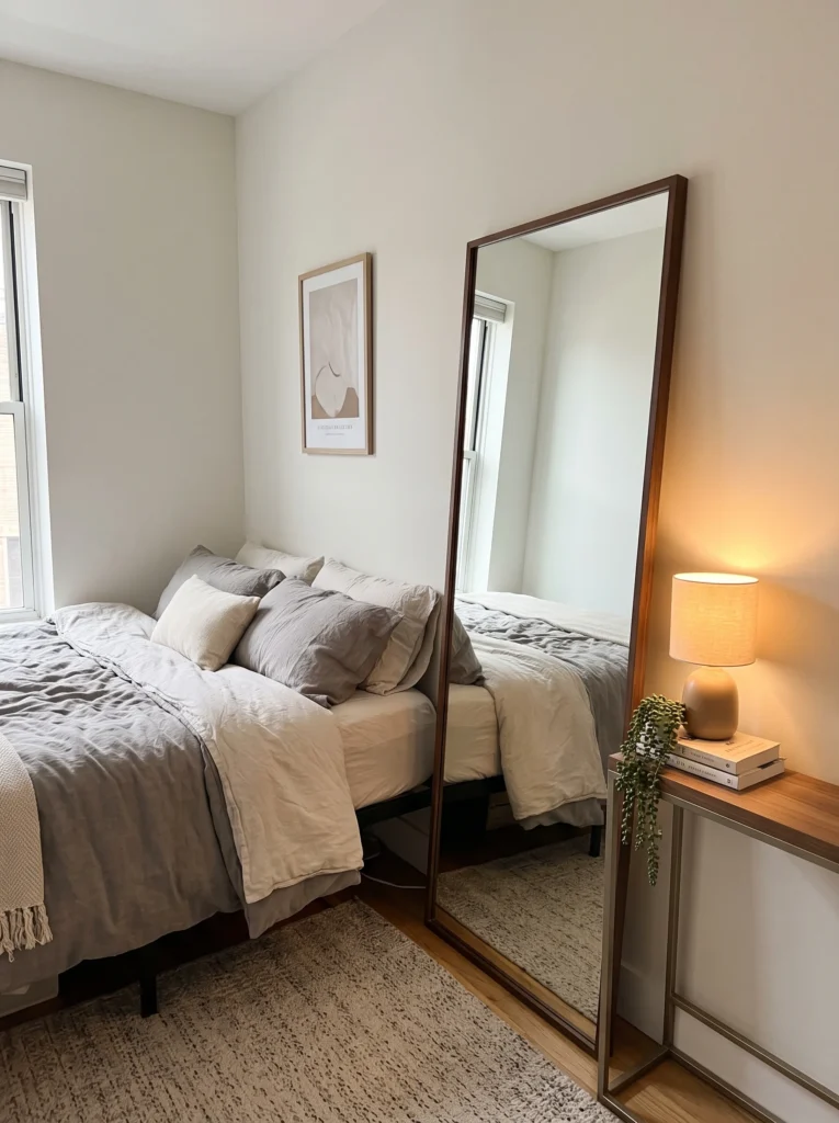 Small bedroom with an asymmetrical gallery wall of framed botanical prints, a round mirror, and vintage-style art above the bed, paired with rust, olive, and cream pillows