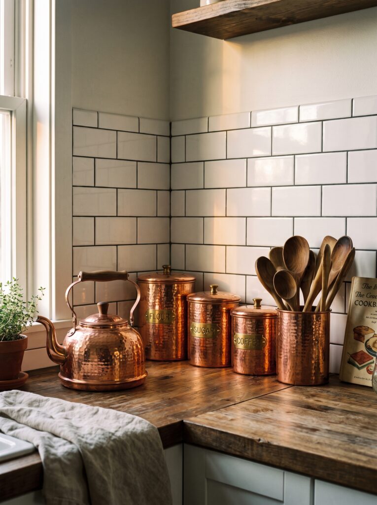 a hammered copper tea kettle, three labeled copper canisters reading flour, sugar, and coffee, and a copper utensil holder with wooden spoons against white subway tile