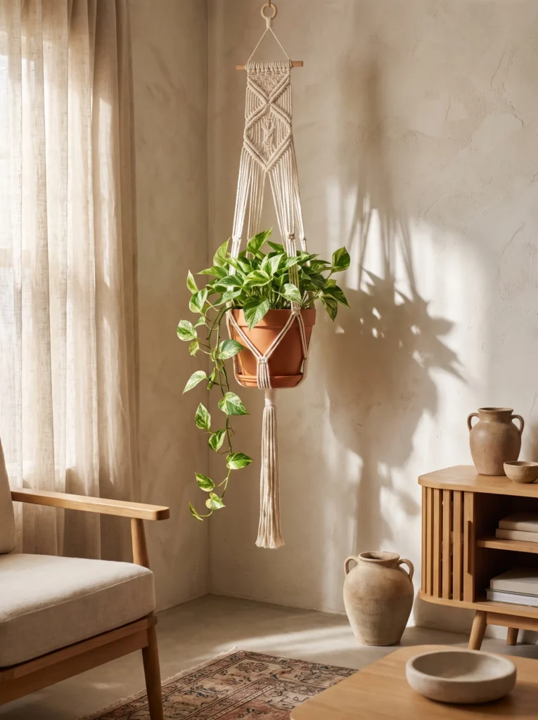 A handmade macrame plant hanger holding a trailing pothos in a terracotta pot, hung in a sunlit living room corner with a wooden armchair nearby