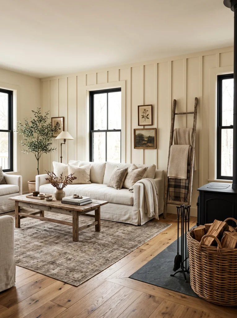 A cream linen sofa and board-and-batten wall next to a black wood stove and firewood basket