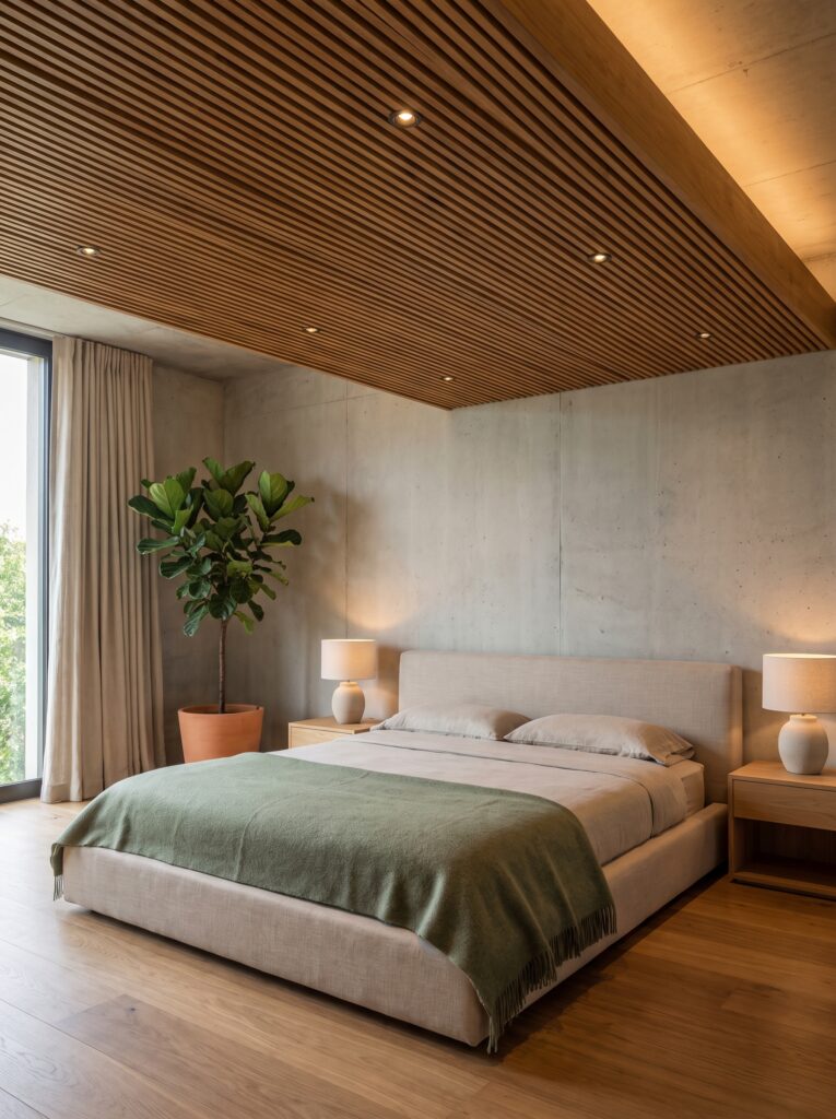  A modern bedroom with a warm wood slat ceiling feature embedded with recessed lighting, above a low upholstered platform bed with a sage green throw and a large fiddle leaf fig in a terracotta pot