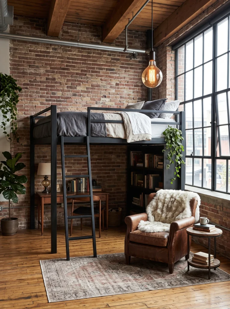 n industrial loft bed with exposed brick, a black metal frame, hanging Edison bulb, and a leather armchair below
