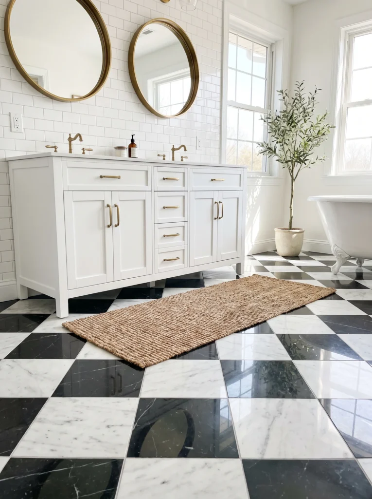 Black-and-white checkerboard marble floor beneath a white shaker double vanity with round brass mirrors and a clawfoot tub in the background