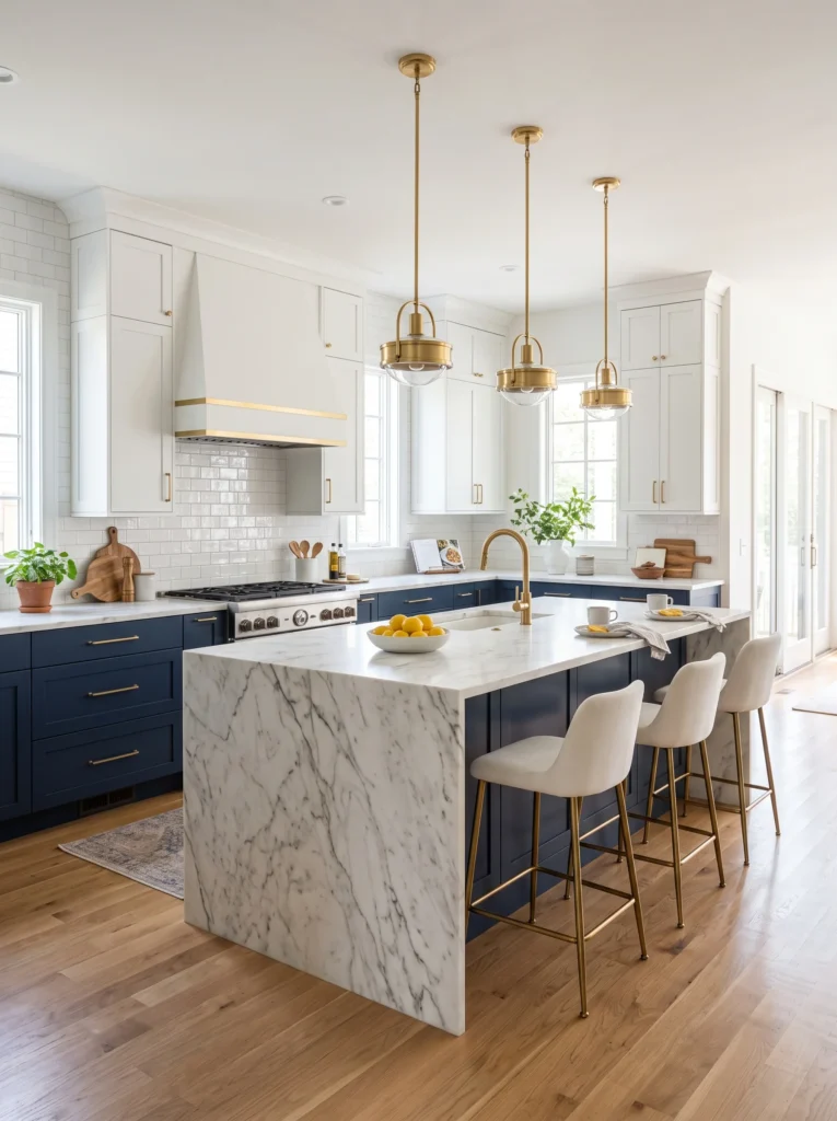 A kitchen with navy blue lower cabinets, white upper cabinets, a marble waterfall-edge island, brass pendant lights, and cream upholstered bar stools