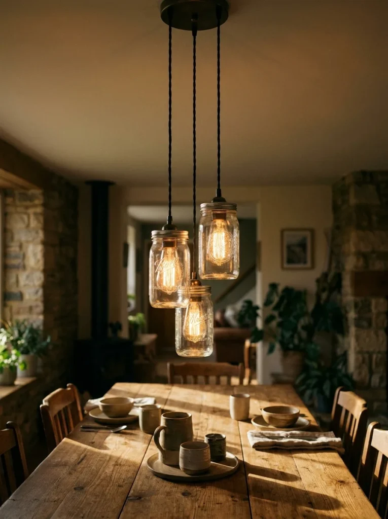 Three mason jar pendant lights with visible Edison bulbs hanging at staggered heights above a rustic wood dining table set with ceramic dishware
