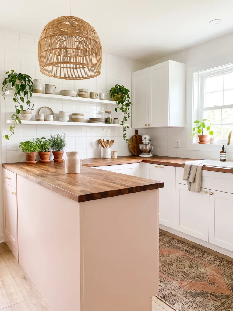 A small U-shaped kitchen features a blush pink island with a walnut butcher block countertop, white perimeter cabinets, and a woven pendant light