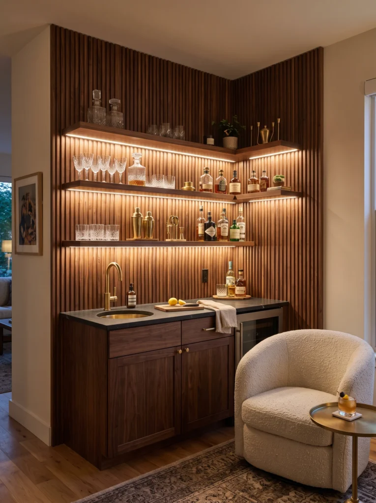 A built-in home bar nook with fluted wood paneling, backlit shelving, brass fixtures, and a cream boucle chair