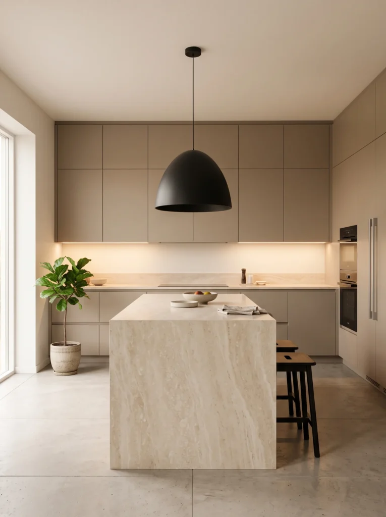  Minimalist kitchen with taupe flat-panel cabinetry, large travertine waterfall island, single black dome pendant light, concrete floor, and a potted fiddle leaf fig in the corner