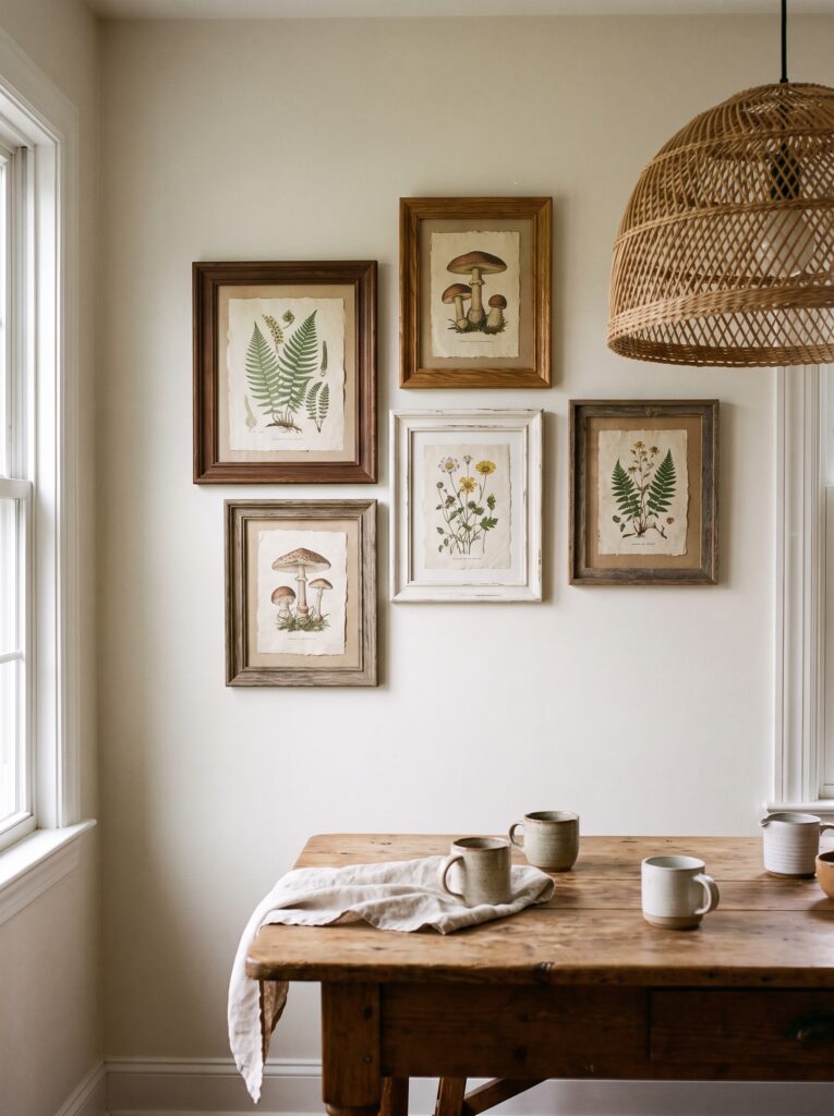 a gallery wall of framed vintage botanical and mushroom prints in mismatched wood frames above a wooden dining table with ceramic mugs and a large rattan pendant
