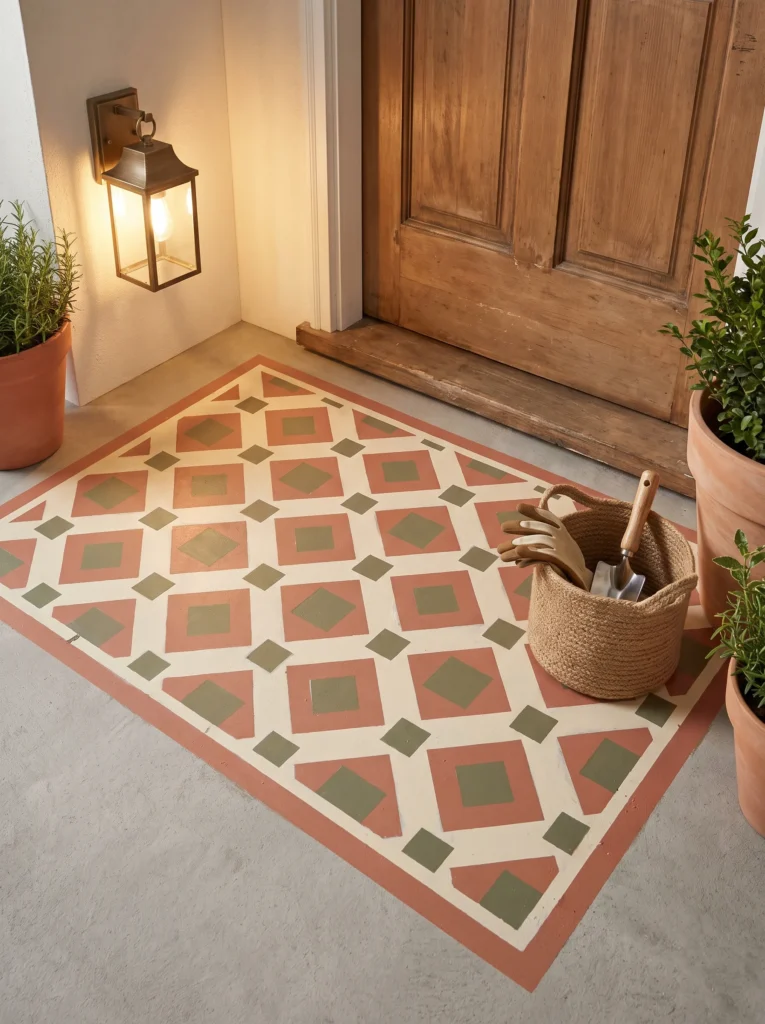 A hand-stenciled diamond pattern in terracotta and olive tones painted directly onto a concrete entryway floor, beside a wooden front door and potted plants