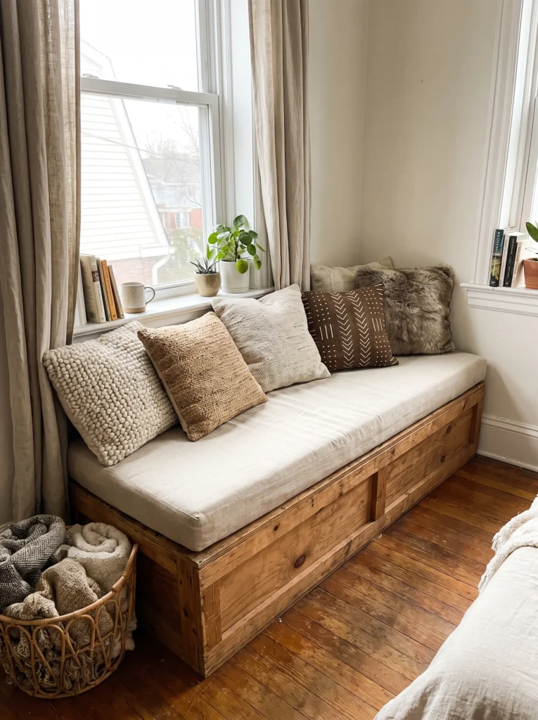A DIY window seat built from a wooden platform base with a thick cushion and layered throw pillows in cream, brown, and faux fur textures, next to a woven basket of folded blankets