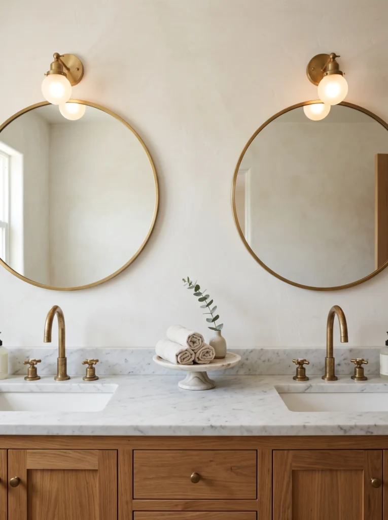 Double bathroom vanity with two round brass mirrors, brass gooseneck faucets, and a marble pedestal dish between the sinks holding rolled towels and a stem of eucalyptus