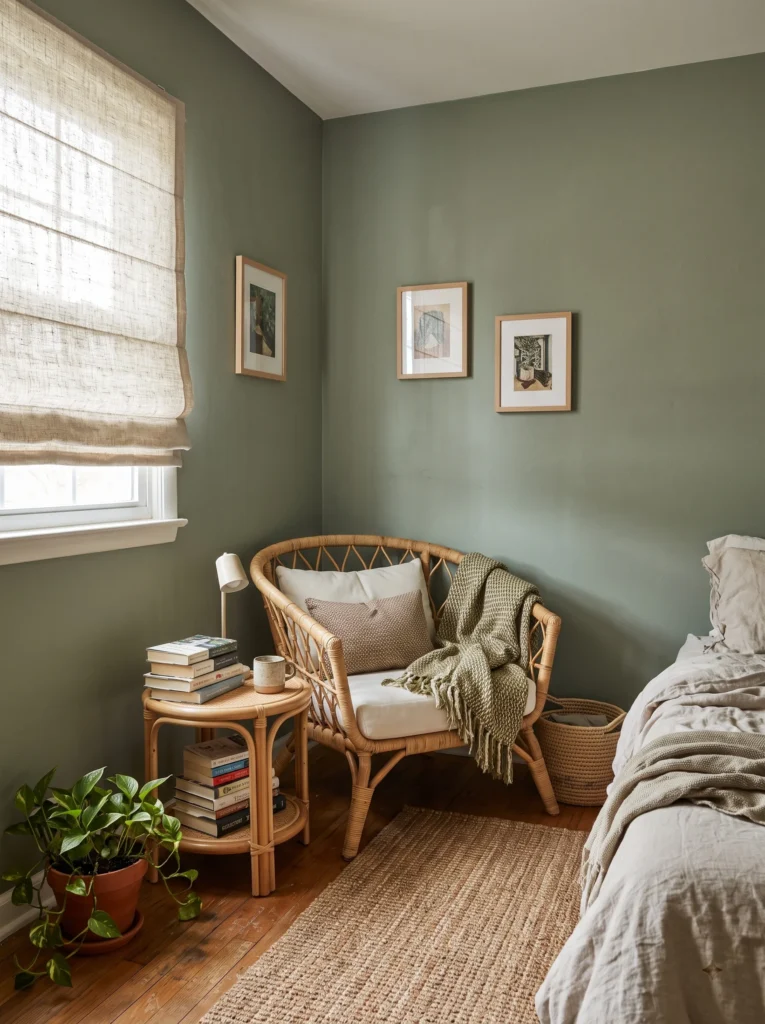 Small bedroom with a tall leaning floor mirror beside the bed reflecting the room and window, a wooden console table with a warm lamp and trailing plant, and layered neutral bedding
