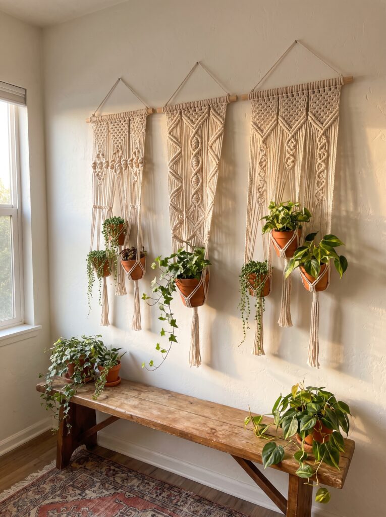 Three macrame wall hangings in different knot patterns holding terracotta pots of trailing plants above a wooden bench in a sunlit room