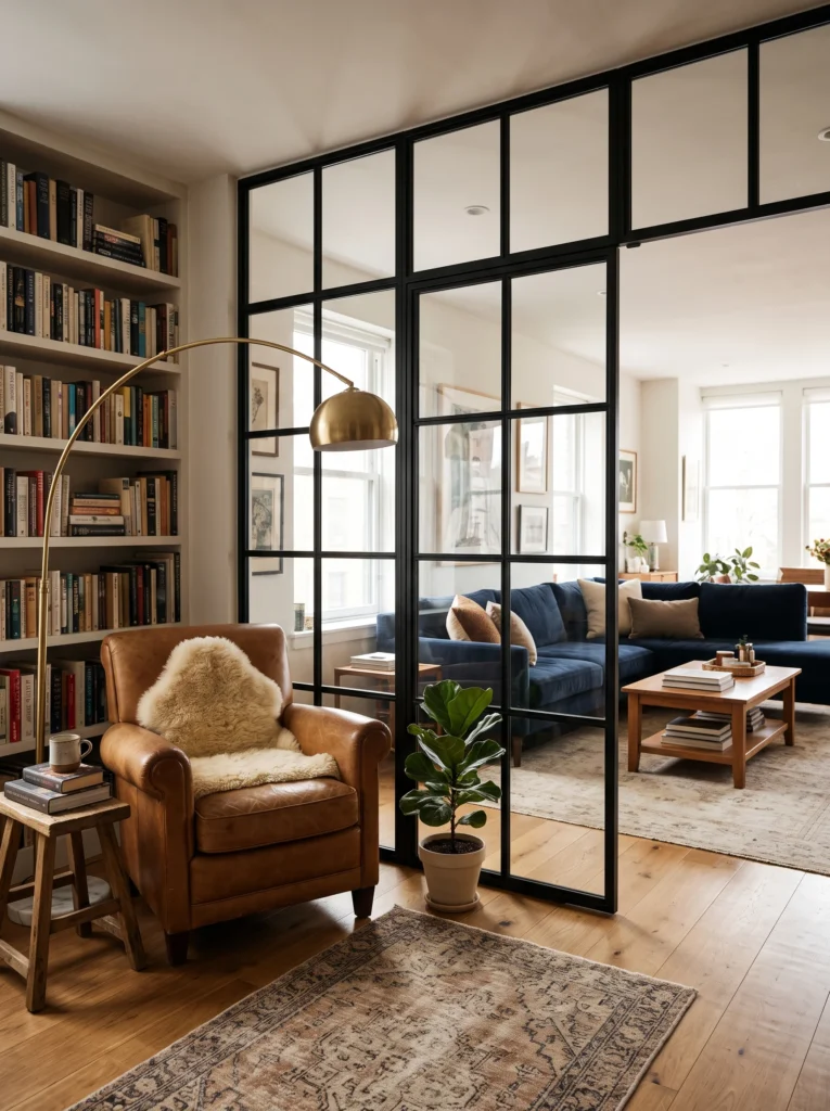 A leather reading chair behind a black steel-framed glass partition, with a navy velvet sofa visible beyond