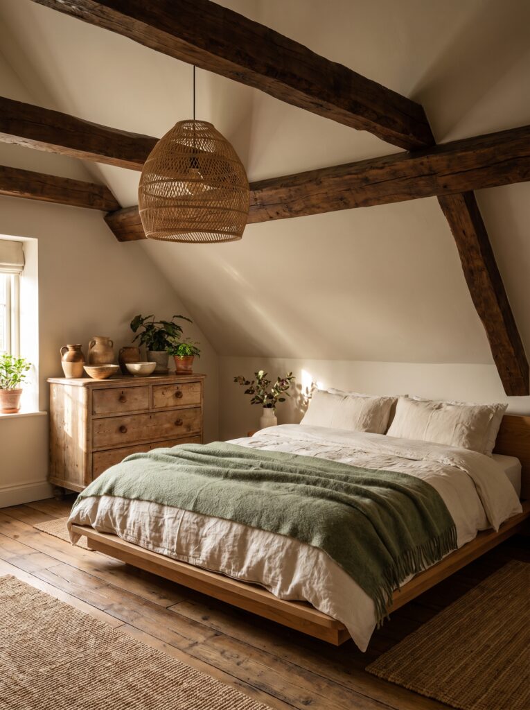 A rustic attic bedroom with dark exposed wood ceiling beams, a low wood platform bed with cream linen and a sage green wool blanket, a vintage wood dresser topped with ceramic pottery, and a woven pendant light