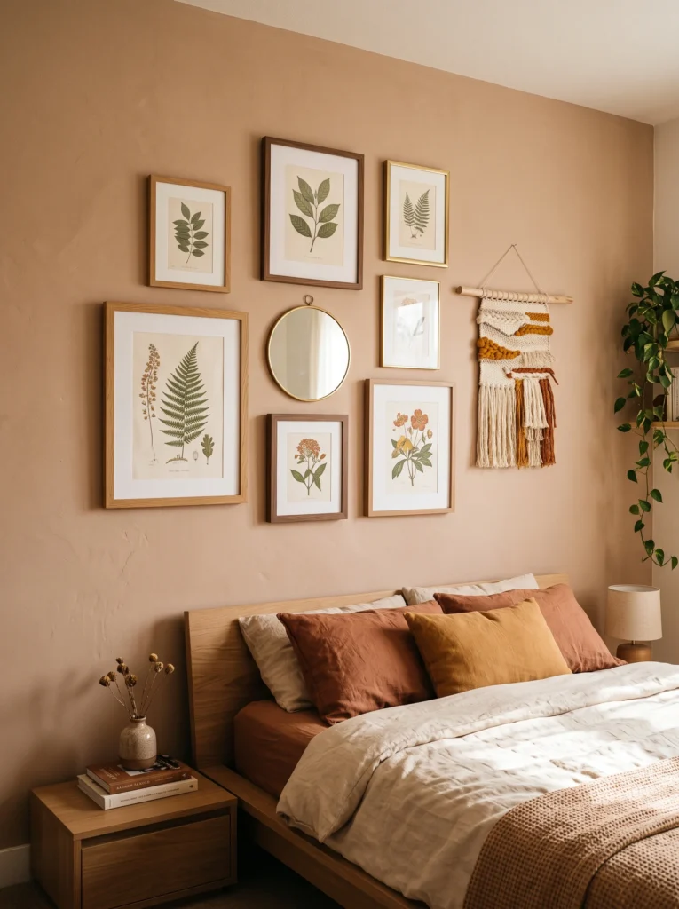 A botanical print gallery wall above a bed with terracotta pillows, a round mirror, and a macrame weaving in a warm clay bedroom