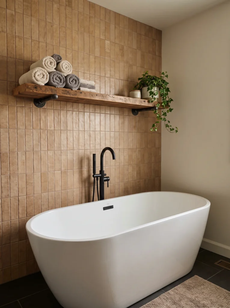 Freestanding oval tub against warm terracotta tile with a reclaimed wood shelf on pipe brackets holding rolled towels and a plant above